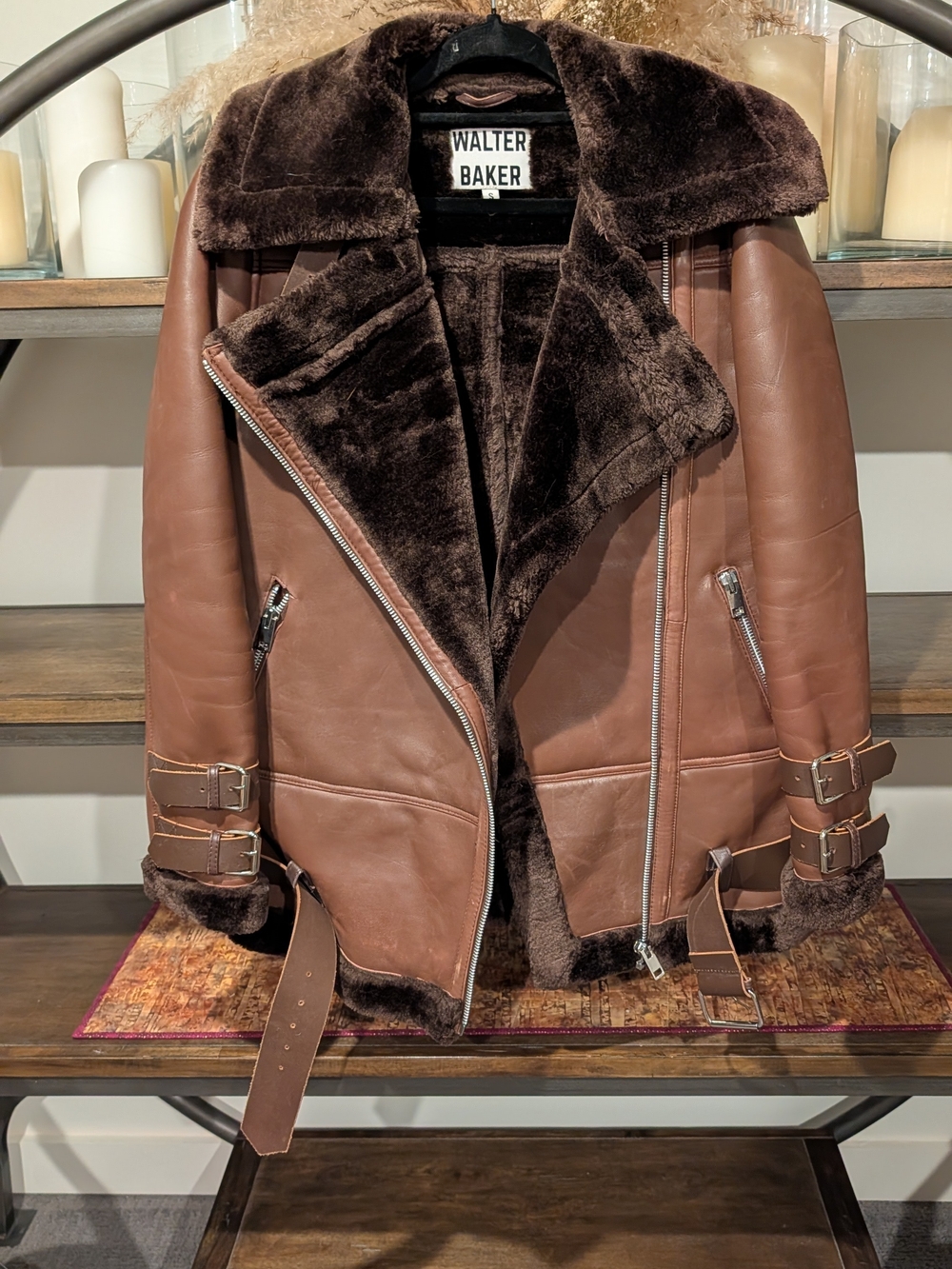 Walter Baker Brown Faux-Shearling Biker Jacket
